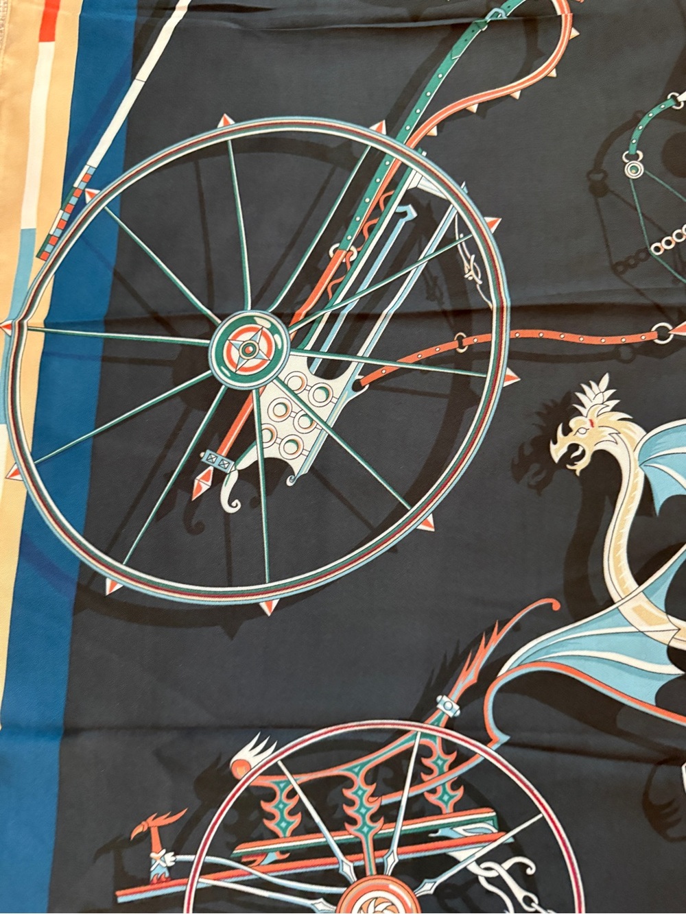 100% Silk 90cm Scarf with Carriage Wheel Motif - Navy, Beige, Red - Picture 4 of 9